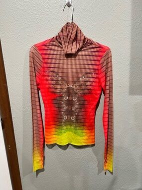 AFRM Gradient Mesh Turtleneck Long Sleeve Top - Red, Yellow, Green Faux Corset